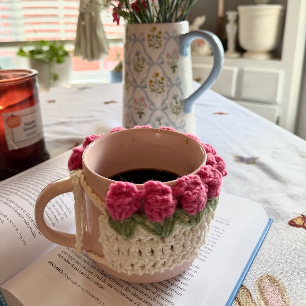 Handmade Crochet Pink Rose Mug Cozy - Floral Cup Sleeve / Warmer - Picture 5 of 6